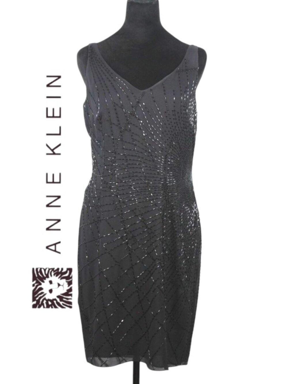 Anne Klein Black 100% Silk V-Neck & Back Sleeveless Beaded Dress Size 8P